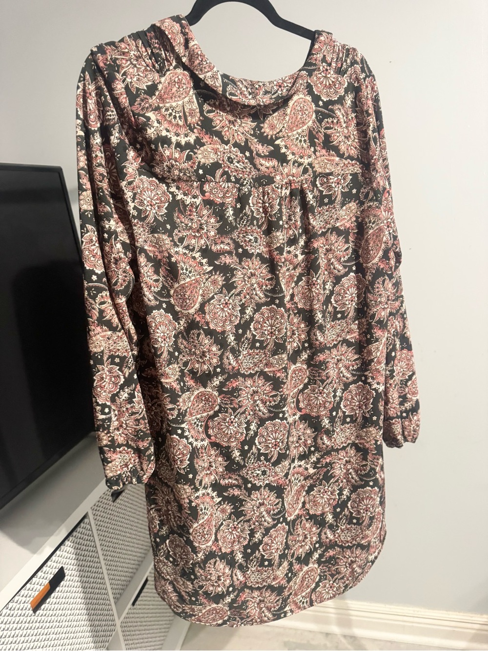 Boho Floral Paisley Tunic Dress in Taupe and Pink
